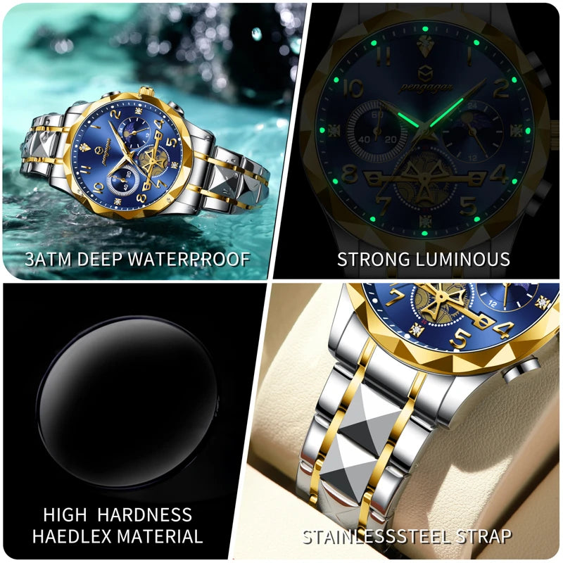 PENGAGAR  Luxury Man Wristwatch Waterproof Luminous Chronograph Watch for Men Stainless Steel Men's Quartz Watches reloj hombre
