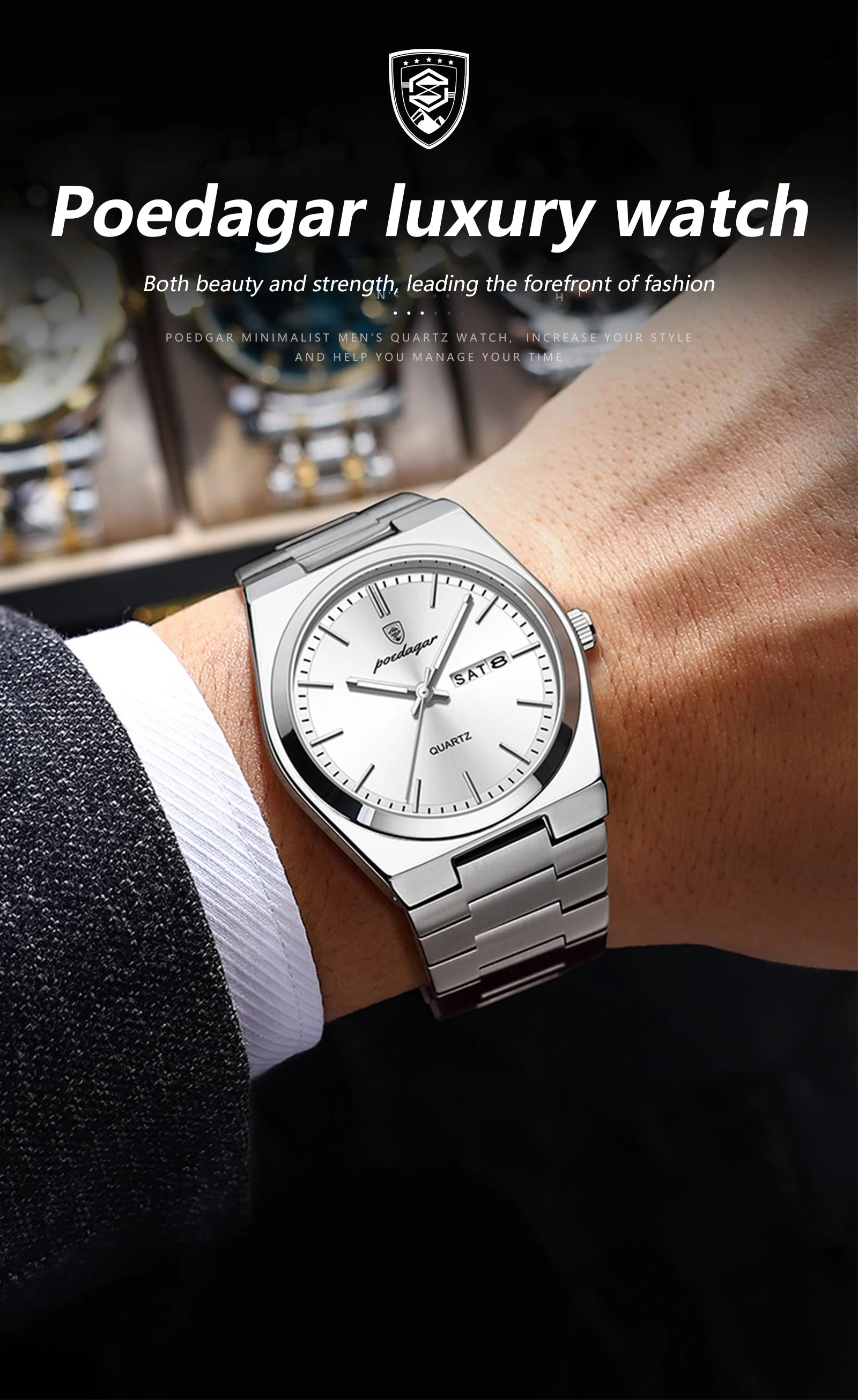 POEDAGAR Luxury Business Men's Wristwatch Stainless Steel Waterproof Luminous Man Watch Date Week Fashion Quartz Watches For Men