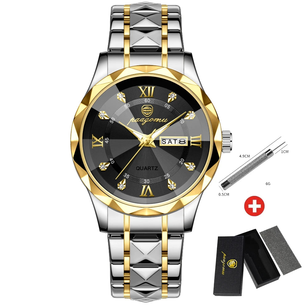 PENGAGAR Top Brand Luxury Man Wristwatch Waterproof Luminous Date Week Men Watches Stainless Steel Quartz Men's Watch Male reloj