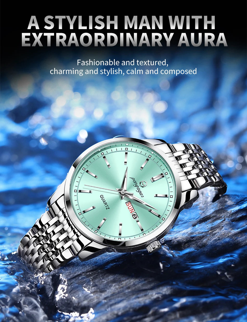PENGAGAR Luxury Watch For Man Waterproof Luminous Date Week Stainless Steel Men Watch Casual Quartz Men's Watches Male Clock+box