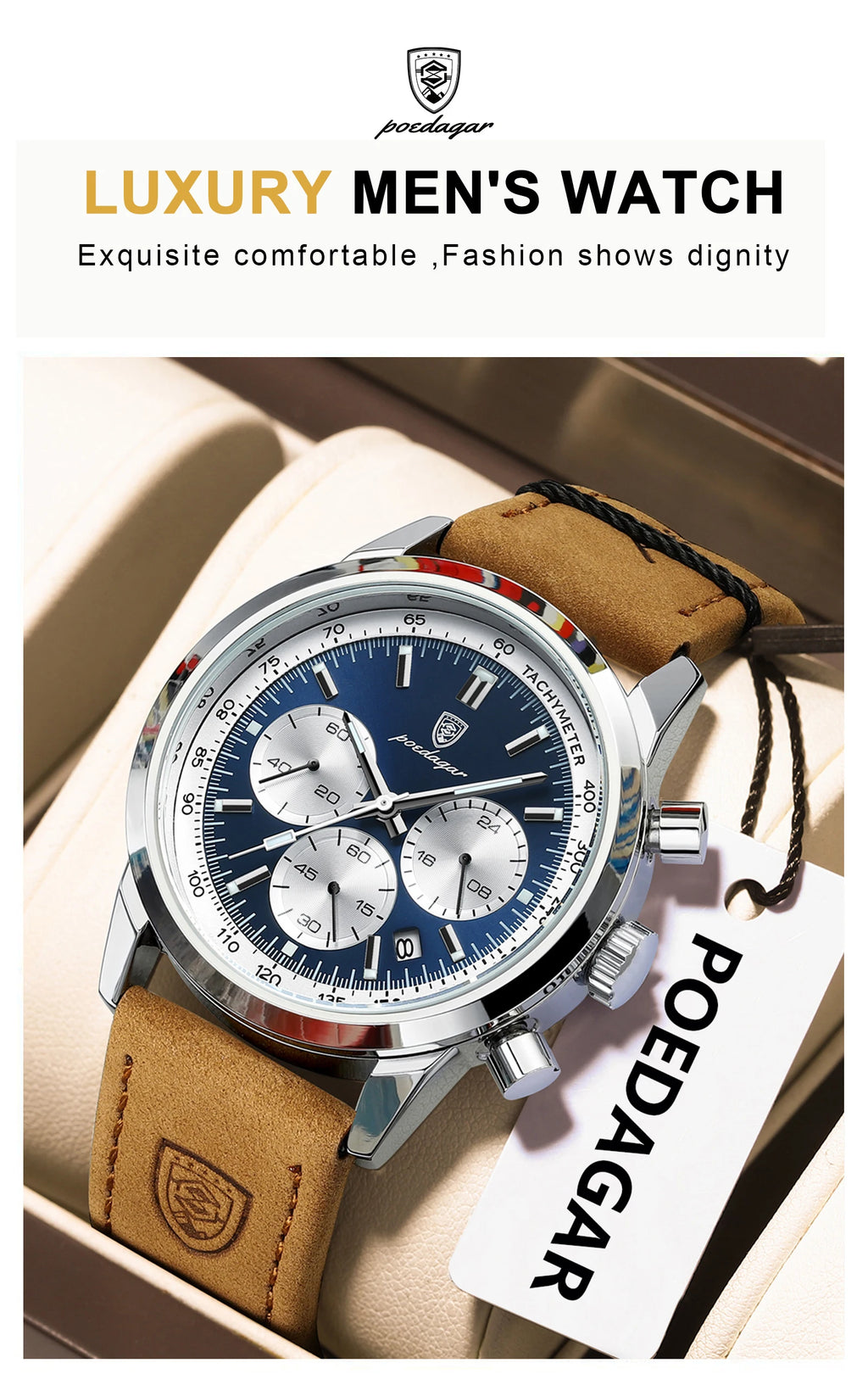 POEDAGAR Fashion Men's Watch Waterproof Luminous Leather Military Man Wristwatch Chronograph Quartz Luxury Watches For Men Reloj