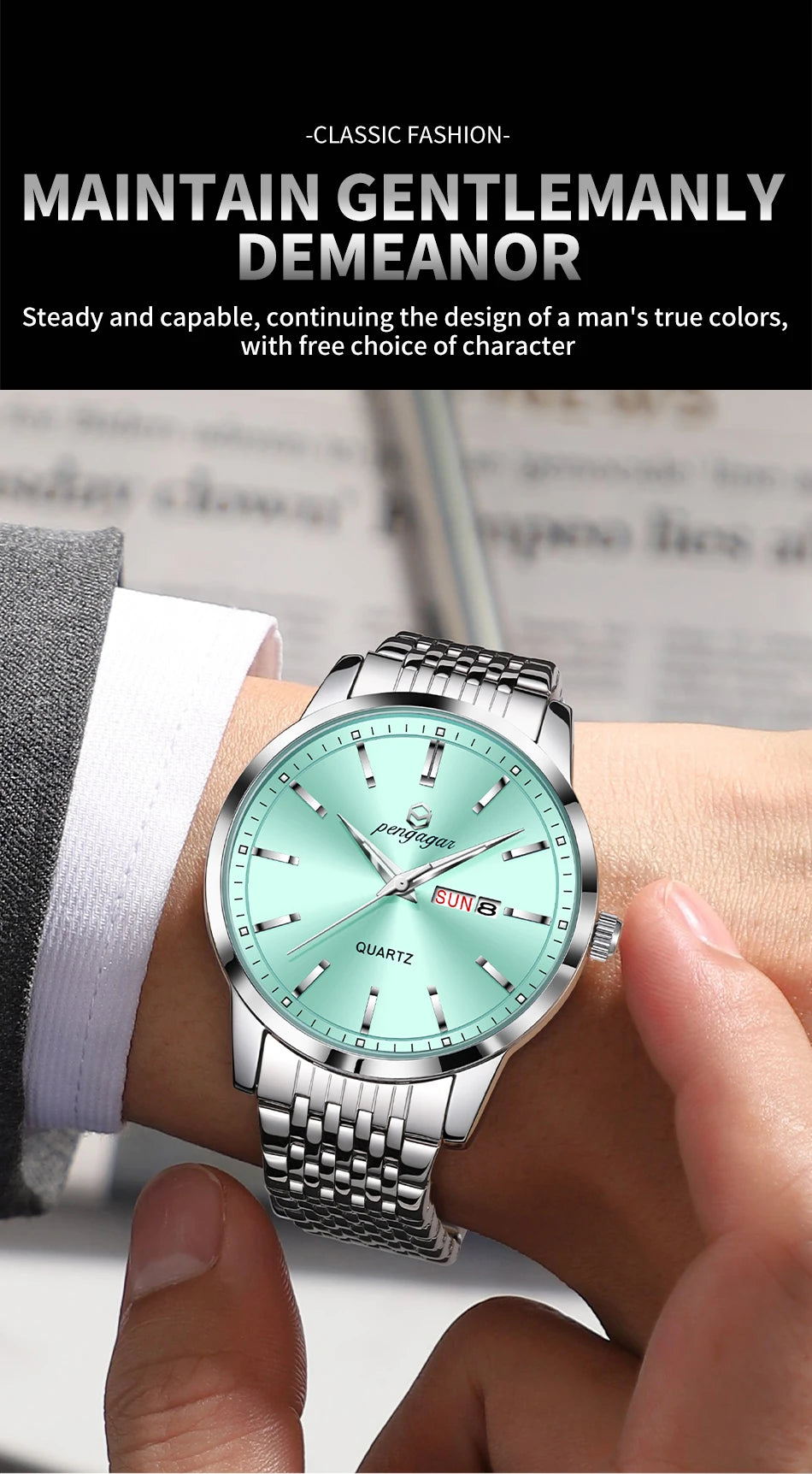 PENGAGAR Luxury Watch For Man Waterproof Luminous Date Week Stainless Steel Men Watch Casual Quartz Men's Watches Male Clock+box