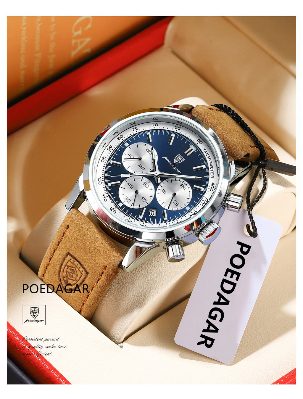 POEDAGAR Fashion Men's Watch Waterproof Luminous Leather Military Man Wristwatch Chronograph Quartz Luxury Watches For Men Reloj