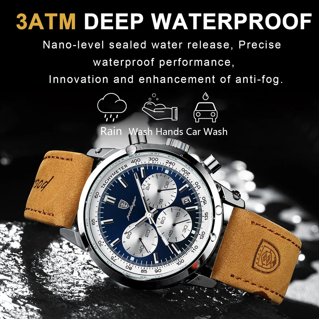 POEDAGAR Fashion Men's Watch Waterproof Luminous Leather Military Man Wristwatch Chronograph Quartz Luxury Watches For Men Reloj
