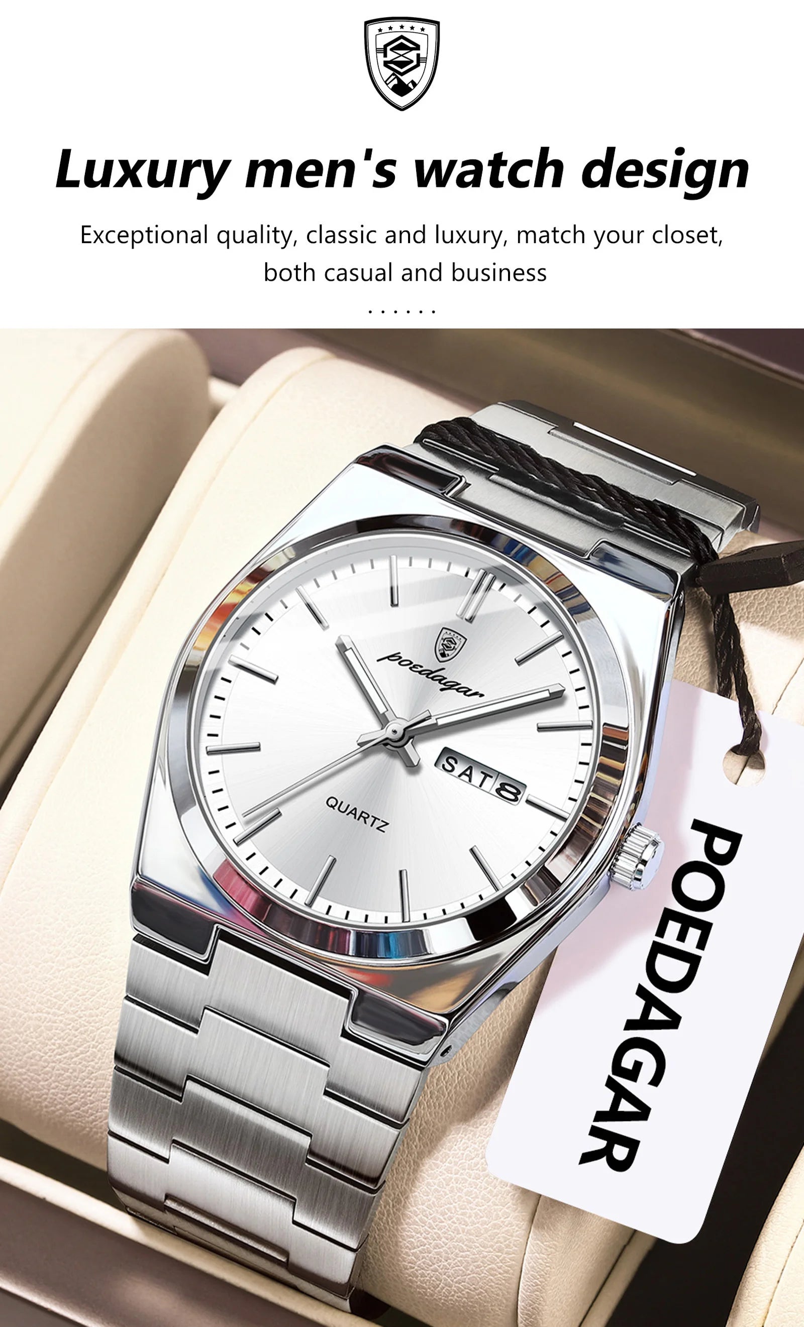 POEDAGAR Luxury Business Men's Wristwatch Stainless Steel Waterproof Luminous Man Watch Date Week Fashion Quartz Watches For Men