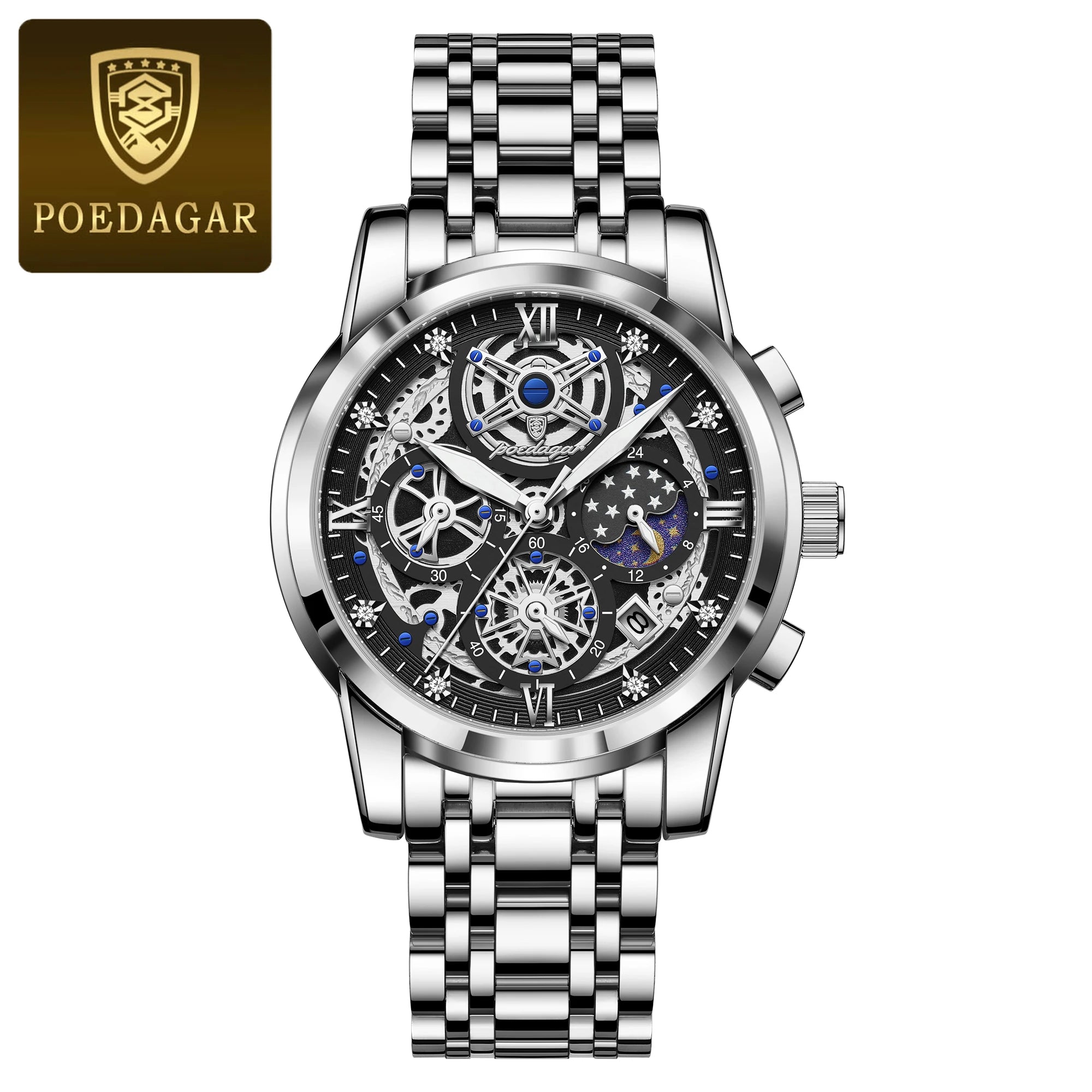 POEDAGAR Original Male Watch Stainless Steel Date Chronograph Quartz Men Watch Waterproof Luminous Fashion Watches For Men Reloj