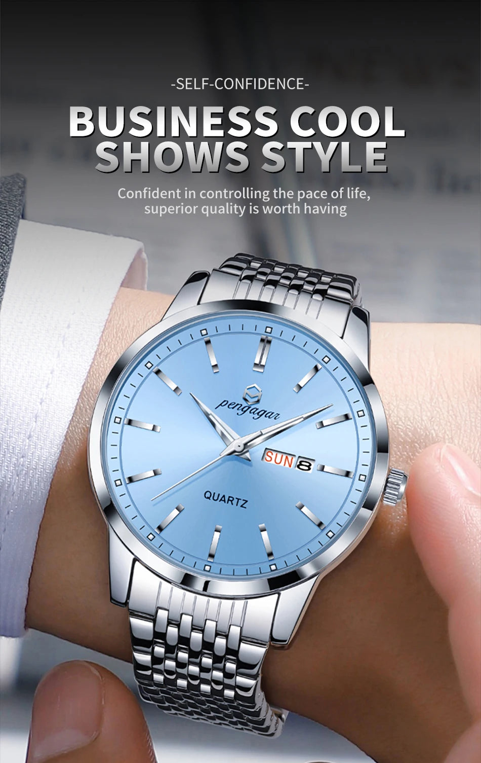 PENGAGAR Luxury Watch For Man Waterproof Luminous Date Week Stainless Steel Men Watch Casual Quartz Men's Watches Male Clock+box