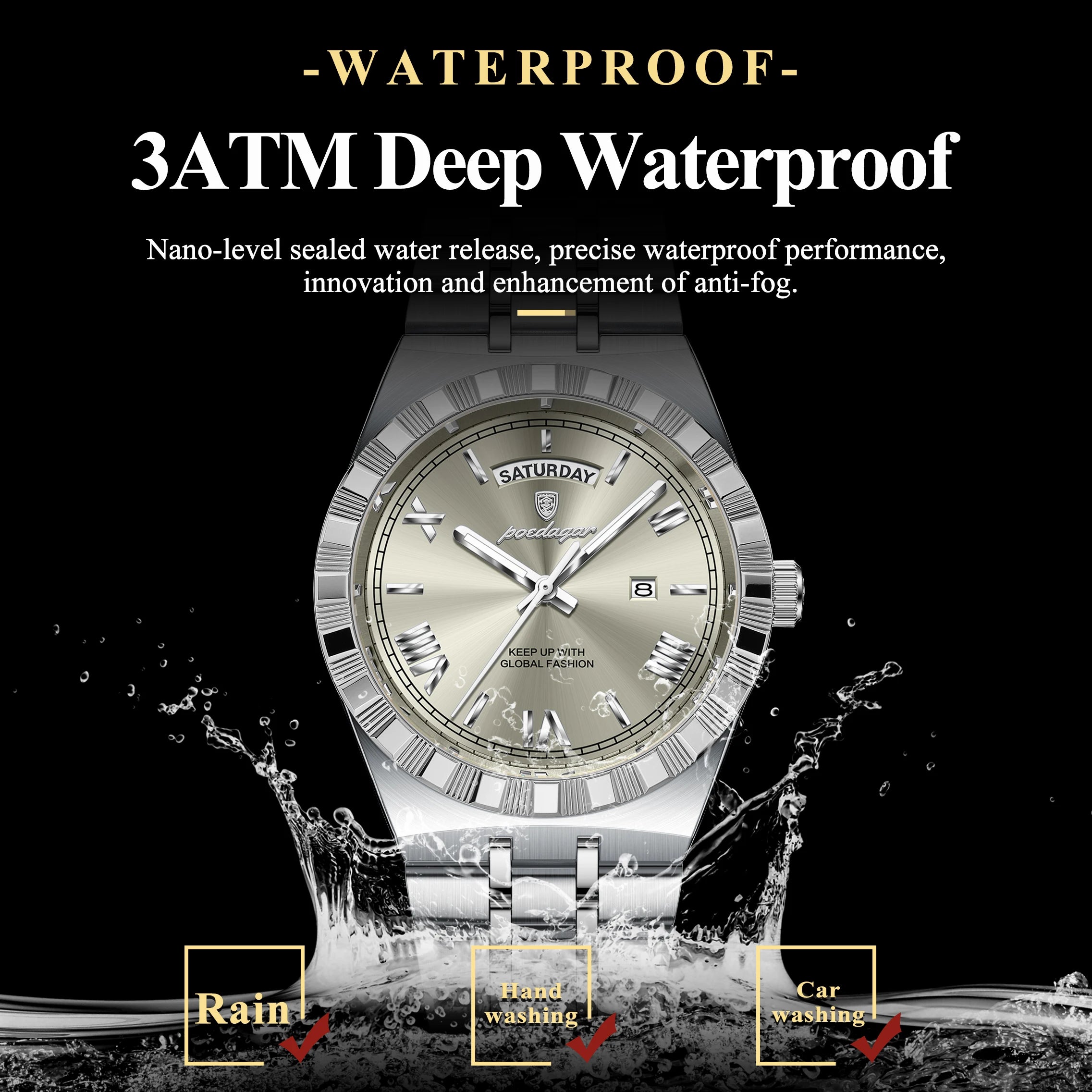 POEDAGAR Luxury Fashion Man Wristwatch Week Date Waterproof Luminous Men's Clock Stainless Steel Quartz Business Watches For Men