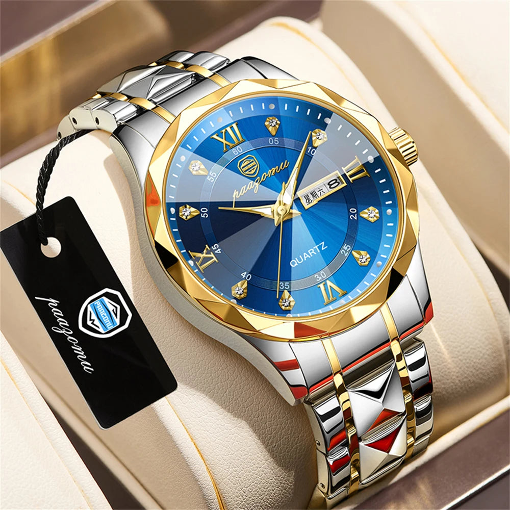 PENGAGAR Top Brand Luxury Man Wristwatch Waterproof Luminous Date Week Men Watches Stainless Steel Quartz Men's Watch Male reloj