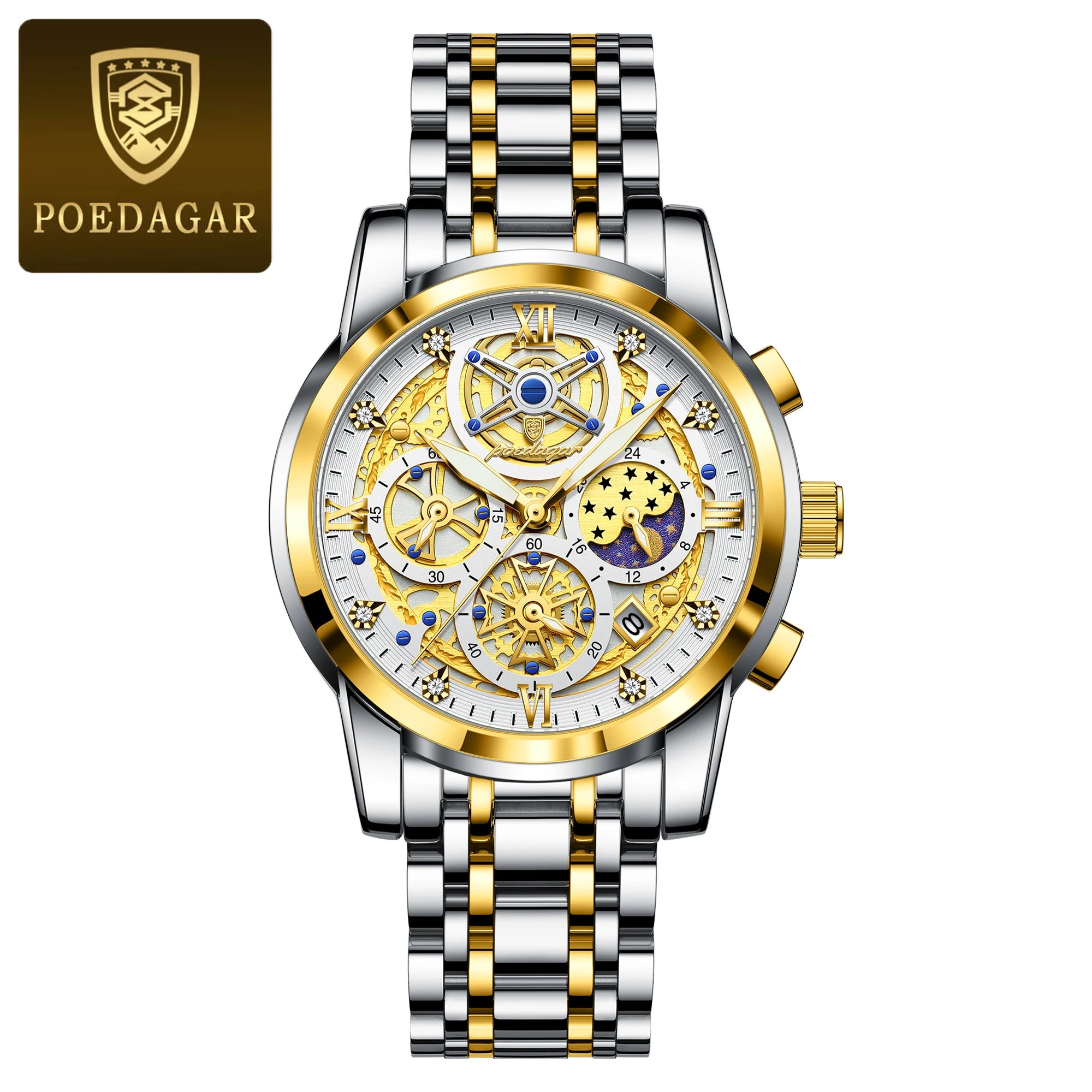 POEDAGAR Original Male Watch Stainless Steel Date Chronograph Quartz Men Watch Waterproof Luminous Fashion Watches For Men Reloj