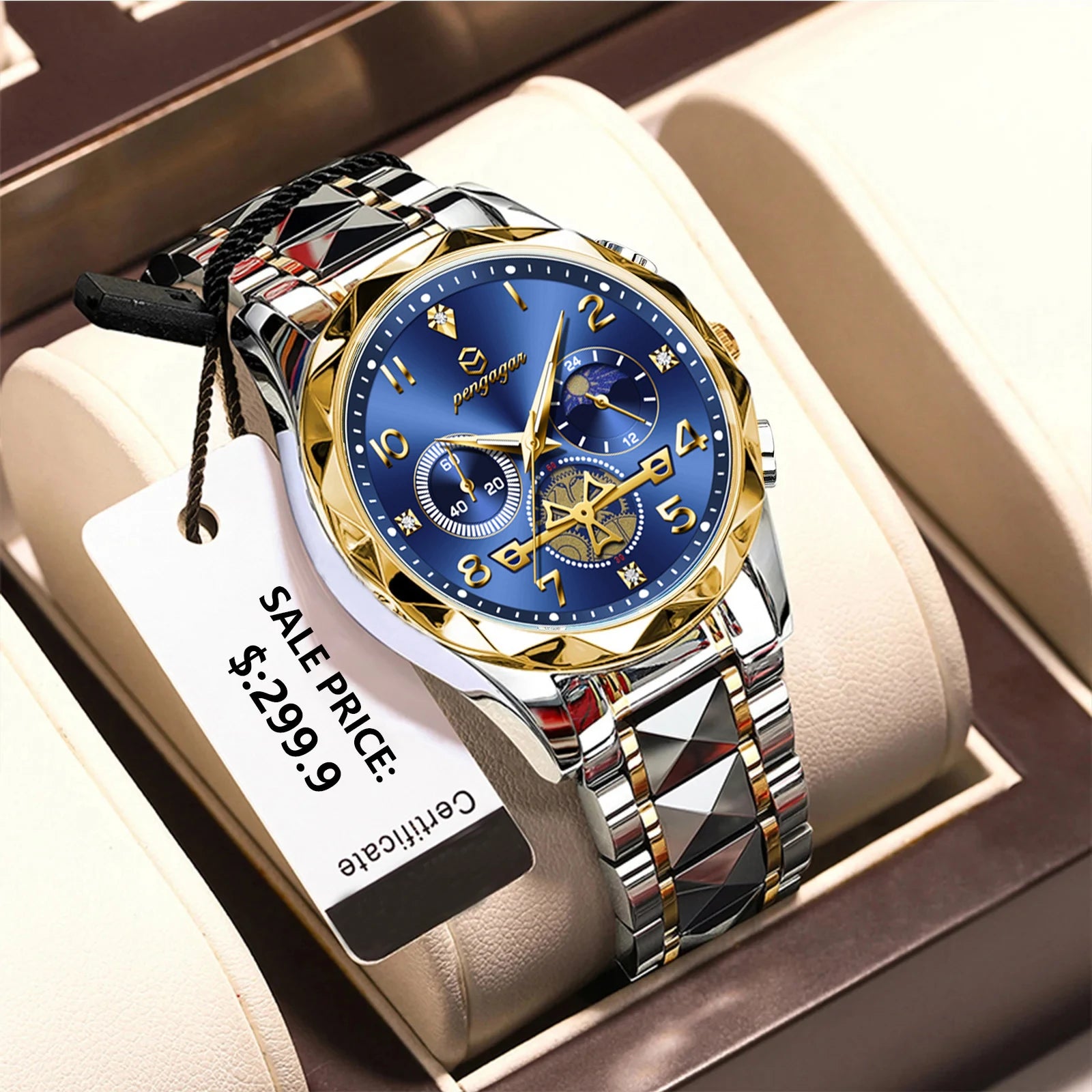 PENGAGAR  Luxury Man Wristwatch Waterproof Luminous Chronograph Watch for Men Stainless Steel Men's Quartz Watches reloj hombre