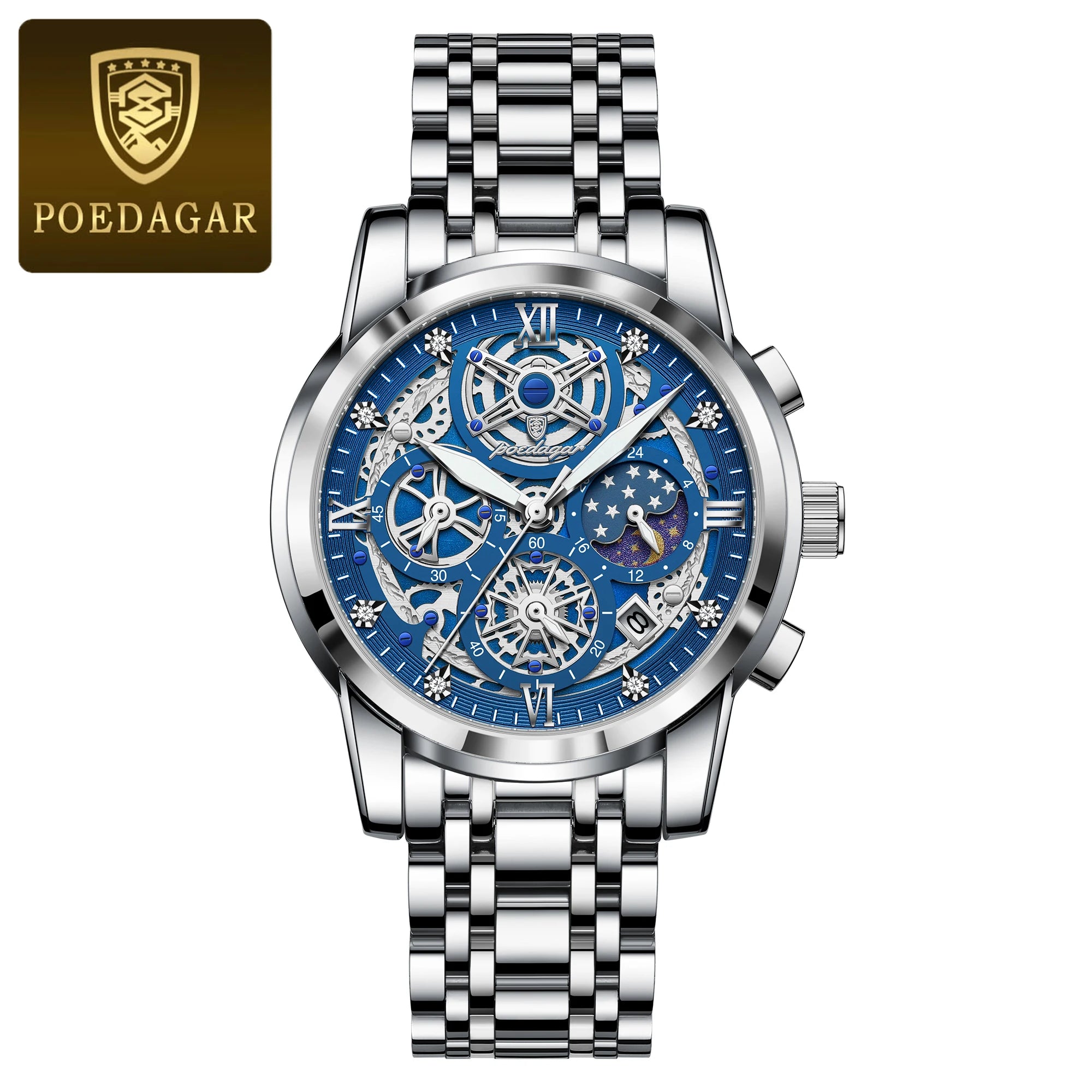 POEDAGAR Original Male Watch Stainless Steel Date Chronograph Quartz Men Watch Waterproof Luminous Fashion Watches For Men Reloj