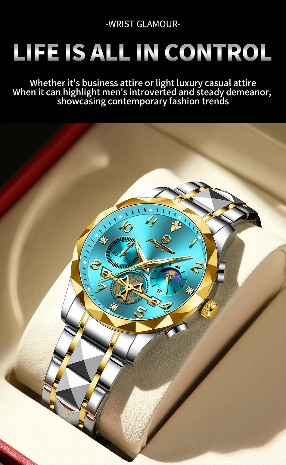 PENGAGAR  Luxury Man Wristwatch Waterproof Luminous Chronograph Watch for Men Stainless Steel Men's Quartz Watches reloj hombre