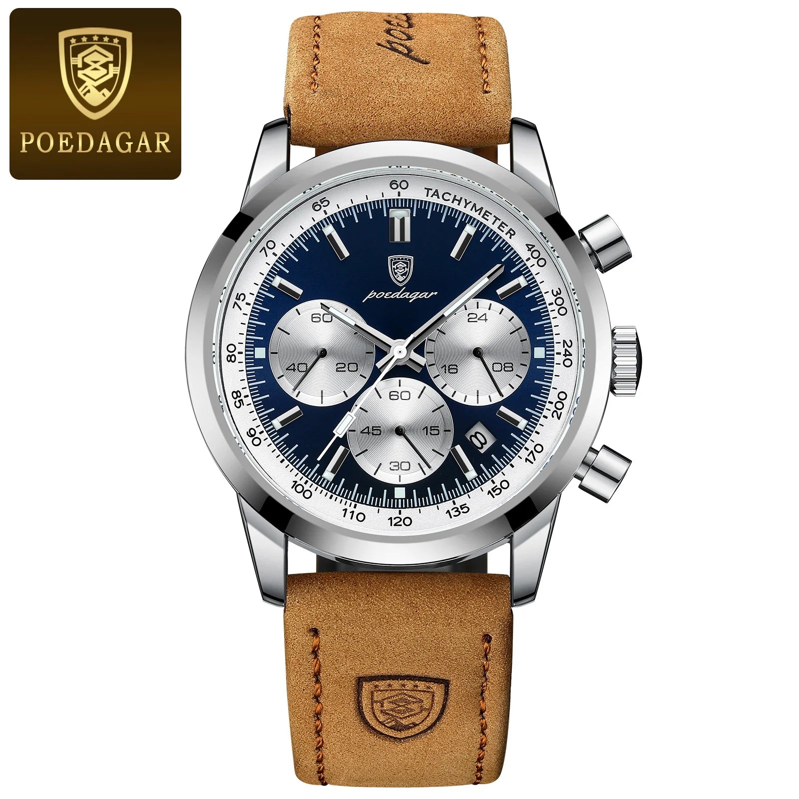 POEDAGAR Fashion Men's Watch Waterproof Luminous Leather Military Man Wristwatch Chronograph Quartz Luxury Watches For Men Reloj