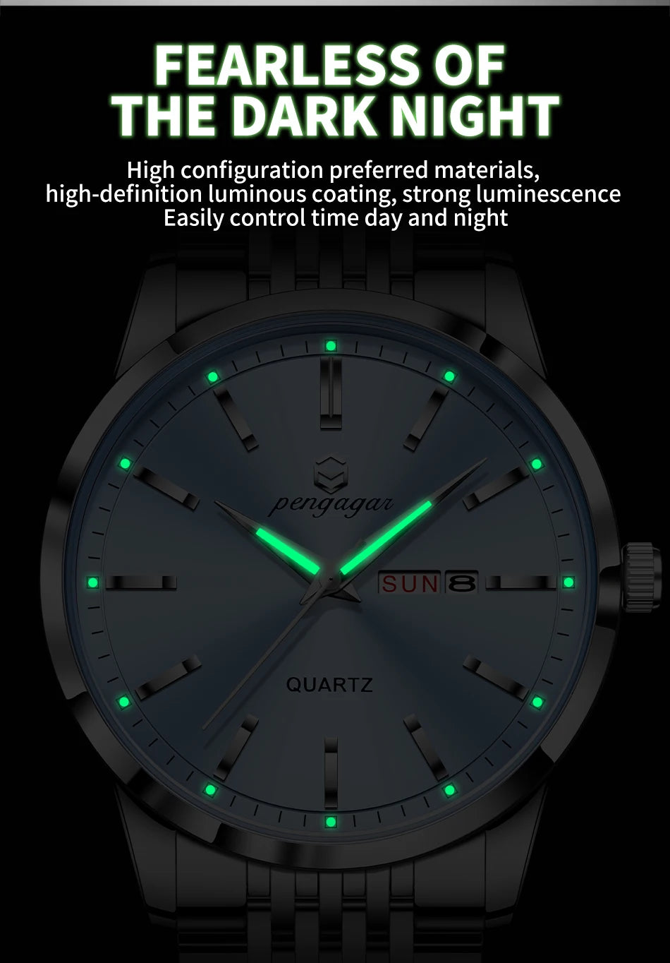 PENGAGAR Luxury Watch For Man Waterproof Luminous Date Week Stainless Steel Men Watch Casual Quartz Men's Watches Male Clock+box