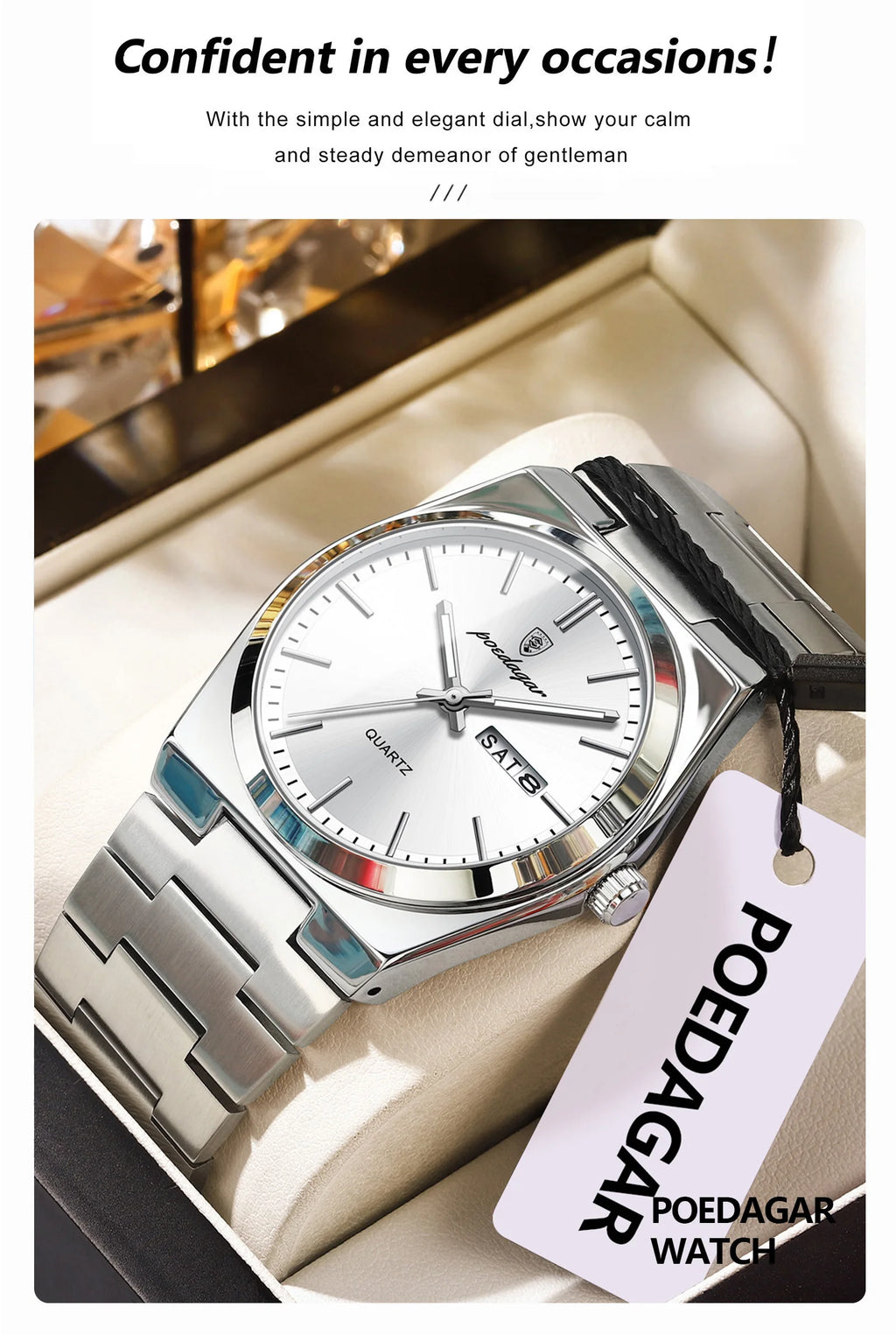 POEDAGAR Luxury Business Men's Wristwatch Stainless Steel Waterproof Luminous Man Watch Date Week Fashion Quartz Watches For Men