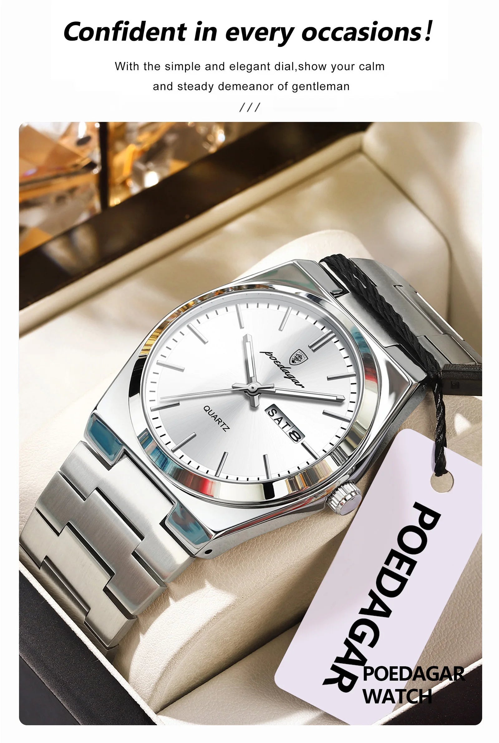 POEDAGAR Luxury Business Men's Wristwatch Stainless Steel Waterproof Luminous Man Watch Date Week Fashion Quartz Watches For Men