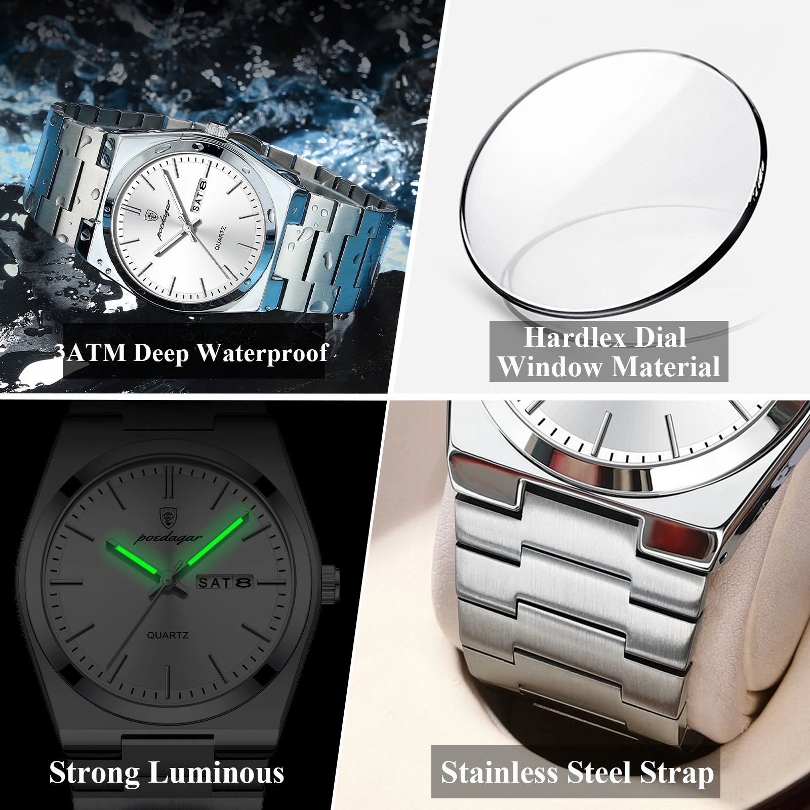 POEDAGAR Luxury Business Men's Wristwatch Stainless Steel Waterproof Luminous Man Watch Date Week Fashion Quartz Watches For Men