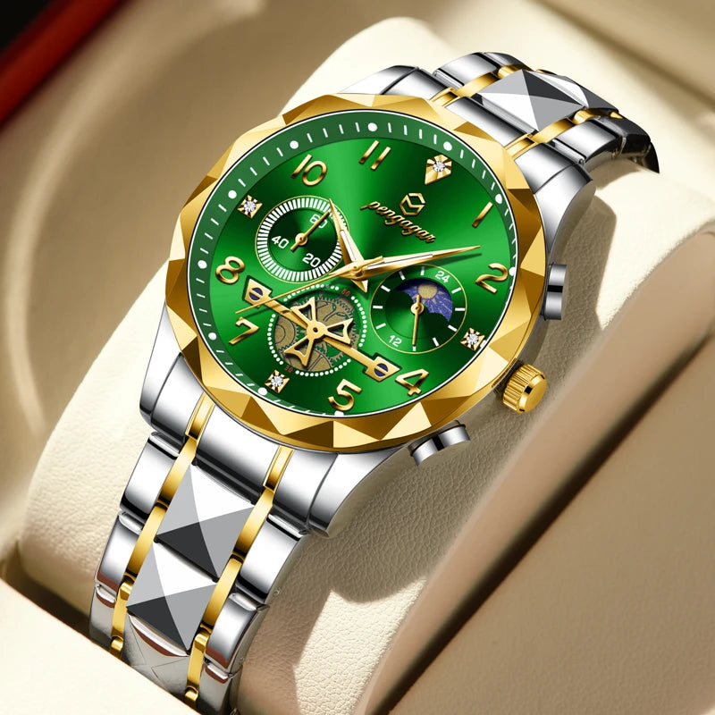 PENGAGAR  Luxury Man Wristwatch Waterproof Luminous Chronograph Watch for Men Stainless Steel Men's Quartz Watches reloj hombre