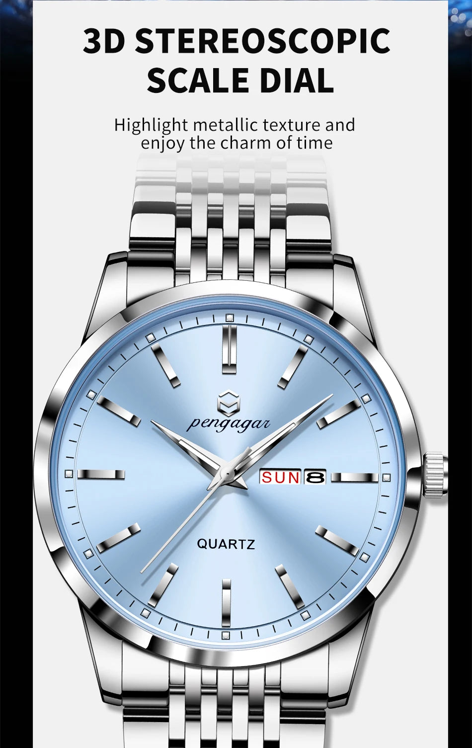 PENGAGAR Luxury Watch For Man Waterproof Luminous Date Week Stainless Steel Men Watch Casual Quartz Men's Watches Male Clock+box