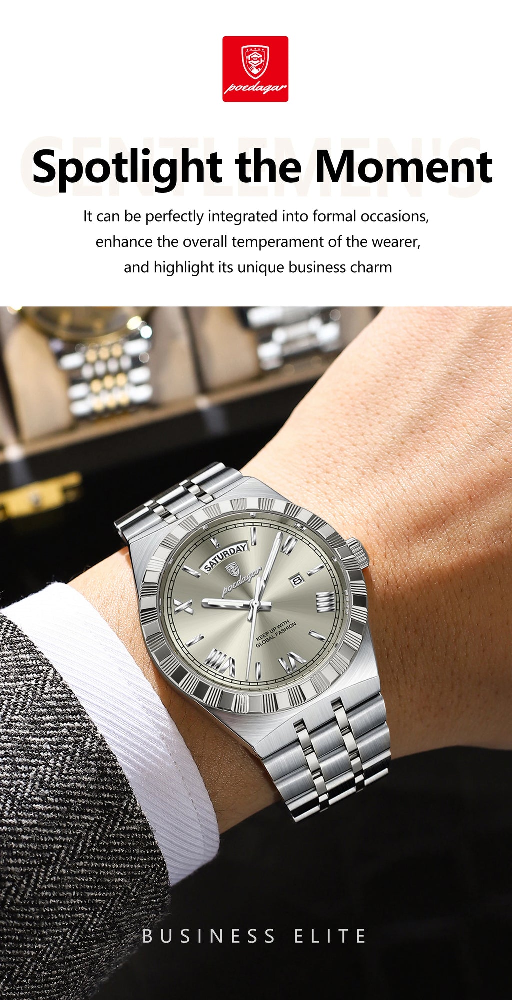 POEDAGAR Luxury Fashion Man Wristwatch Week Date Waterproof Luminous Men's Clock Stainless Steel Quartz Business Watches For Men