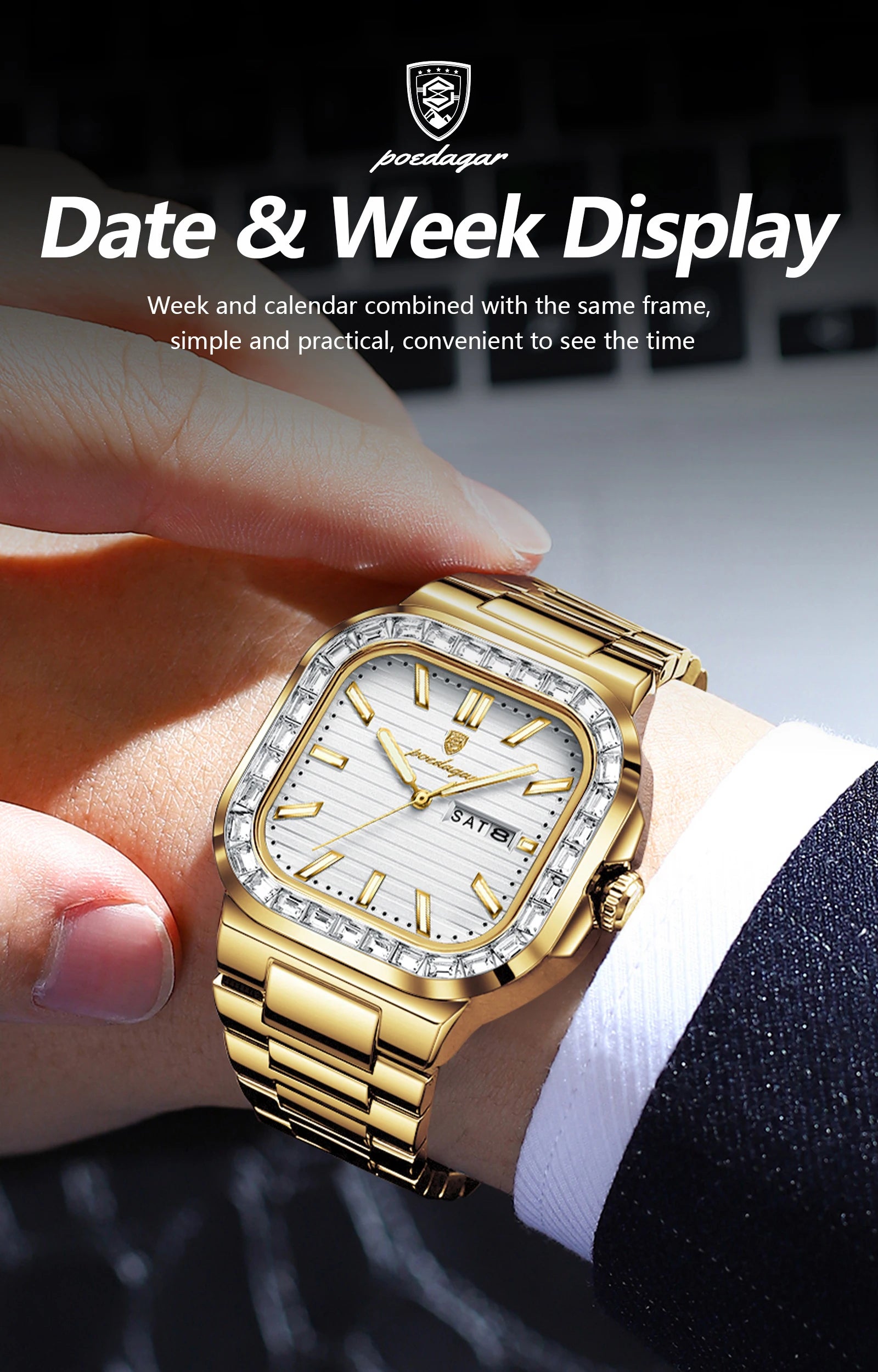 POEDAGAR Luxury Business Men's Wristwatch Waterproof Stainless Steel Luminous Man Watch Date Week Fashion Quartz Watches For Men